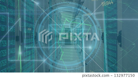 Projecting circular hologram streaming data in server rack corridor, blinking indicator lights 132977150