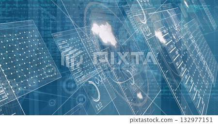 Displaying holographic panels floating in digital workspace with gauges, map outline, code streams 132977151