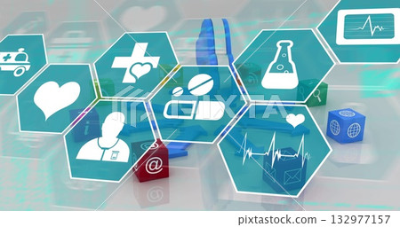 Displaying hexagonal medical icon grid floating above studio desk, colored cubes and 3D stethoscope Displaying hexagonal medical icon grid floating above studio desk, colored cubes and 3D stethoscope 132977157