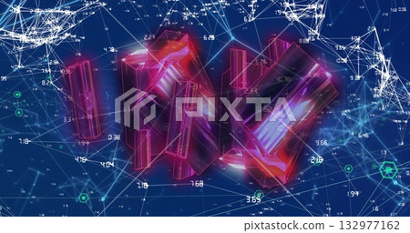 Floating magenta-pink 3D prisms glowing within virtual data-space, with network lines and hex icons Floating magenta-pink 3D prisms glowing within virtual data-space, with network lines and hex icons 132977162