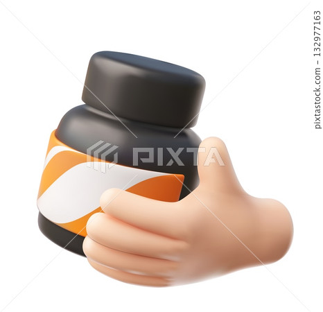 Multi vitamin food supplement package in hand 3D cartoon vector icon, realistic black medicine plastic bottle with lid 132977163