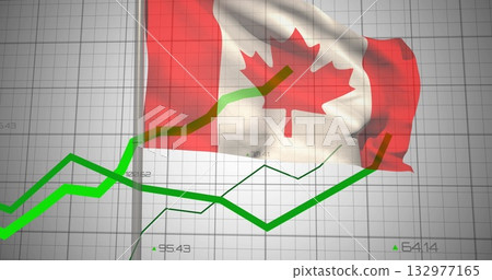 Displaying Canadian flag waving on dashboard with grid uptrending green charts and data labels Displaying Canadian flag waving on dashboard with grid uptrending green charts and data labels 132977165