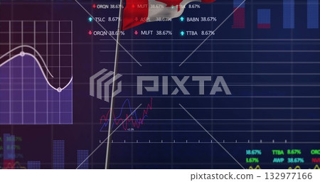 Displaying digital stock dashboard on monitor, with purple line graph, circular markers and tickers 132977166