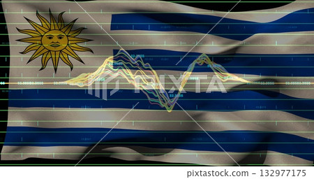 Waving Uruguay flag showing translucent grid overlay on screen, with colorful waveform chart 132977175