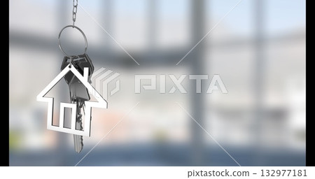 Displaying silver keyring holding house keychain and two keys in empty room, with diffused light 132977181
