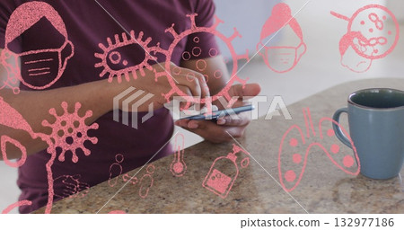 Tapping man wearing purple tee swiping smartphone on stone countertop, with mug and virus graphics Tapping man wearing purple tee swiping smartphone on stone countertop, with mug and virus graphics 132977186