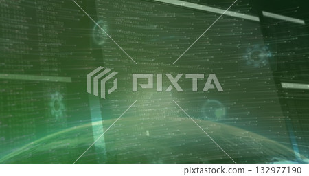 Displaying holographic code panels streaming data at digital console, with planetary horizon 132977190