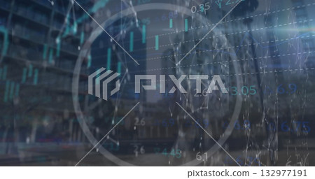 Presenting financial overlay over skyline, featuring candlesticks, numeric labels, network sphere 132977191