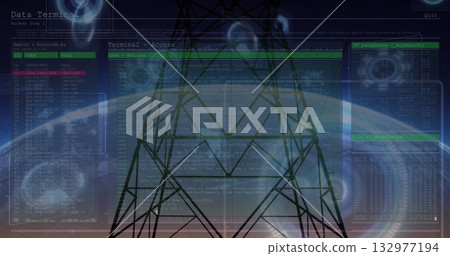 Standing transmission tower silhouette over Earth horizon at dusk, with code terminals, HUD circles 132977194
