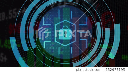 Displaying padlock icon securing virtual interface at dashboard, with binary digits and bar charts Displaying padlock icon securing virtual interface at dashboard, with binary digits and bar charts 132977195