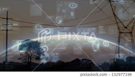 Planetary arc displaying holographic panels over suburban skyline at dusk, pole and lattice tower Planetary arc displaying holographic panels over suburban skyline at dusk, pole and lattice tower 132977196