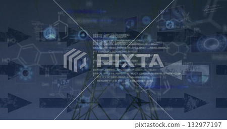 Featuring code snippet overlaying chemical formulas and network lines with arrows in tech graphic Featuring code snippet overlaying chemical formulas and network lines with arrows in tech graphic 132977197