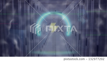 Glowing yellow lightning bolt pulsing in neon cyan arc in server corridor with racks, dotted grid 132977202