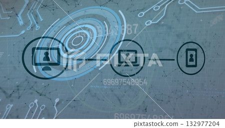 Linking desktop, laptop, smartphone icons on data grid, with circuit and numeric data overlays Linking desktop, laptop, smartphone icons on data grid, with circuit and numeric data overlays 132977204