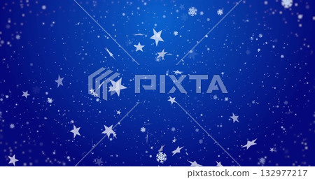 Dancing white snowflakes and star shapes over deep blue gradient background, festive design 132977217