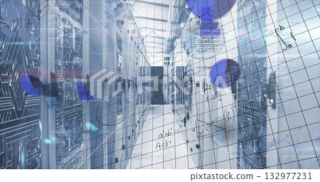 Central server corridor stretching at data center, featuring blade servers, switches and overlays 132977231