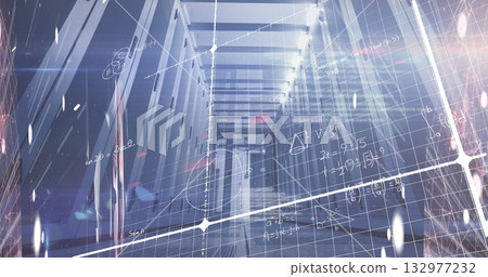 Displaying central corridor of server racks lining data center, with LEDs and grid formulas overlay 132977232
