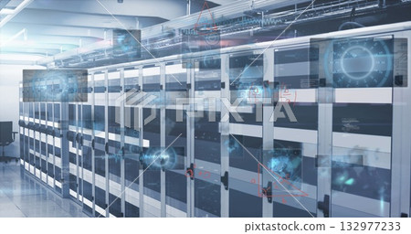 Lining server cabinets displaying holographic data in data center aisle, with network cables Lining server cabinets displaying holographic data in data center aisle, with network cables 132977233