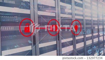 Connecting red security icons by red line over server rack cabinets in data center, with formulas 132977234