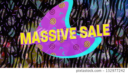 Displaying purple shape featuring yellow MASSIVE SALE in digital ad, with black stripes and circles 132977242