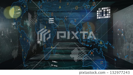 Displaying holographic world map projection filling control hub corridor, with hexagonal clusters Displaying holographic world map projection filling control hub corridor, with hexagonal clusters 132977243