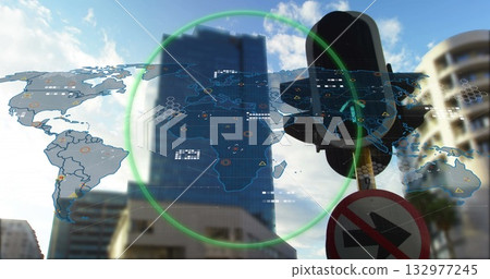 Displaying map with icons, green highlight over city street, with signal and no-right-turn sign Displaying map with icons, green highlight over city street, with signal and no-right-turn sign 132977245