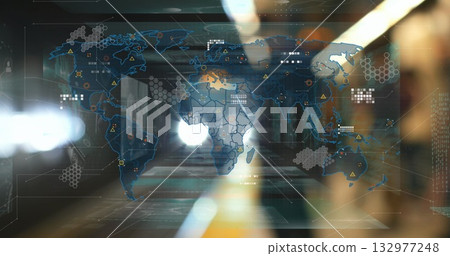 Displaying digital world map projection on glass corridor wall, with hex grid nodes and data lines Displaying digital world map projection on glass corridor wall, with hex grid nodes and data lines 132977248