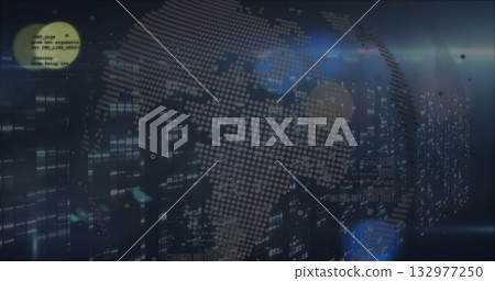 Rotating 3D globe displaying dotted world map in virtual data space, with floating code snippets Rotating 3D globe displaying dotted world map in virtual data space, with floating code snippets 132977250