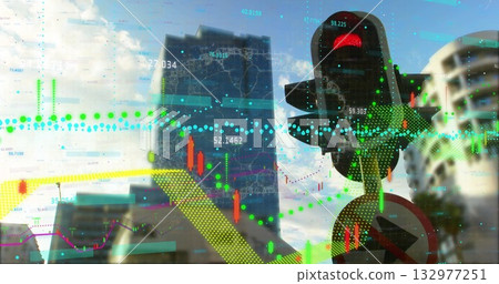 Displaying red traffic light and no right turn sign at street corner, building overlays, copy space 132977251