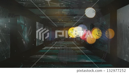 Floating dot-matrix globe hovering in futuristic data tunnel, translucent screens, network icons 132977252