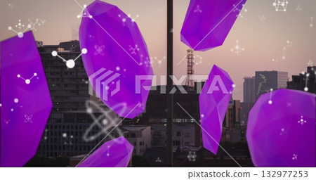 Floating purple crystals hovering at city rooftop, with constellation overlays and tower silhouette Floating purple crystals hovering at city rooftop, with constellation overlays and tower silhouette 132977253