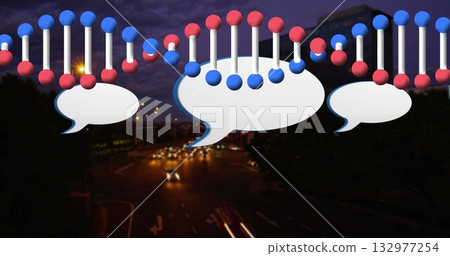 Displaying DNA chains and speech bubbles over night city street, with blurred cars and streetlamps Displaying DNA chains and speech bubbles over night city street, with blurred cars and streetlamps 132977254