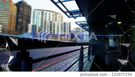Framing metal railing lining sidewalk beside road under glass canopy, wireframe shapes, copy space Framing metal railing lining sidewalk beside road under glass canopy, wireframe shapes, copy space 132977259