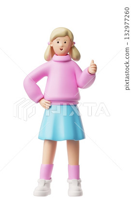 Smiling teenager girl showing thumb up hand gesture, like sign, 3D cartoon vector happy blond schoolgirl character 132977260