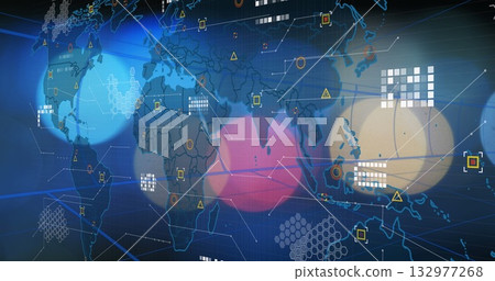 Showing global map in data hub with network lines connecting colored circles, grid blocks, markers 132977268