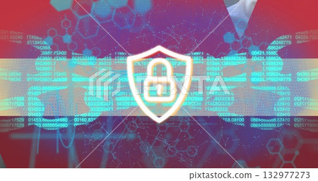 Professional in suit holding tablet revealing shield with padlock in cyber network, streaming code 132977273