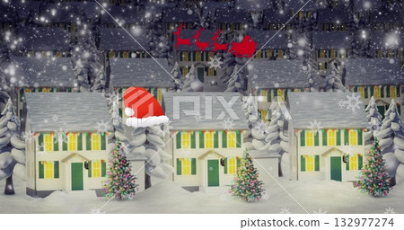 Glowing three snowy houses at village with fir trees, overlaying snowflakes, flying Santa sleigh 132977274