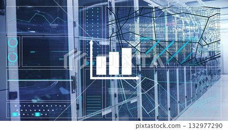 Displaying server racks projecting AR data overlays in data center, with bar chart and network map Displaying server racks projecting AR data overlays in data center, with bar chart and network map 132977290
