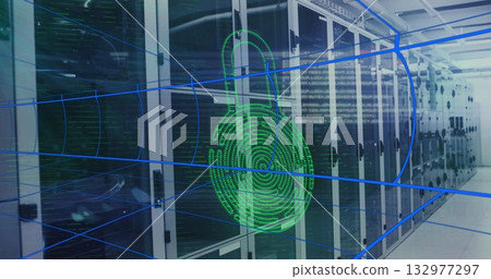 Overlaying green padlock fingerprint icon over racks at datacenter with blue network graphics 132977297