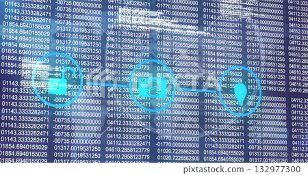Showing trio of turquoise icons linking smartphone, camera, lightbulb on dashboard with data grid 132977300