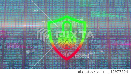 Glowing neon-gradient shield icon showing padlock hovering over data dashboard, with scrolling code 132977304