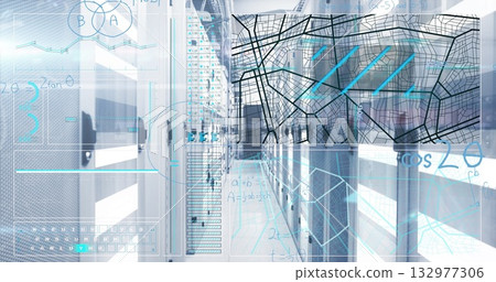 Displaying data center corridor with server racks, cables, projecting holographic overlays Displaying data center corridor with server racks, cables, projecting holographic overlays 132977306
