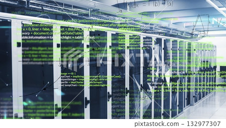 Displaying server racks processing data in modern data center, with network cables and code overlay Displaying server racks processing data in modern data center, with network cables and code overlay 132977307