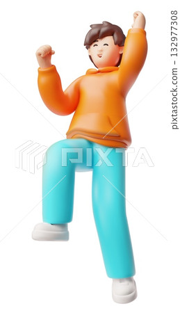 Happy smiling teenager boy jumping with hands up, vector 3D cartoon celebrate excited student, schoolboy male character 132977308