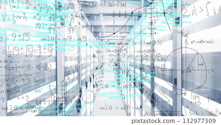 Server rack corridor glowing in data center, displaying network switches, equations and graphs 132977309