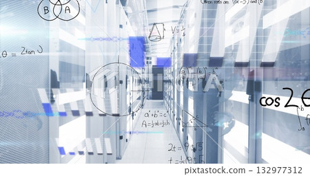 Showcasing server racks running in high-tech data center corridor, with floating math symbols 132977312