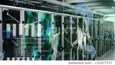 Presenting server racks showing LED lights in data center corridor, with cable trays and holograms Presenting server racks showing LED lights in data center corridor, with cable trays and holograms 132977317