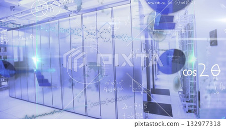 Server cabinets displaying blinking LED indicators in data center corridor, with holographic charts Server cabinets displaying blinking LED indicators in data center corridor, with holographic charts 132977318