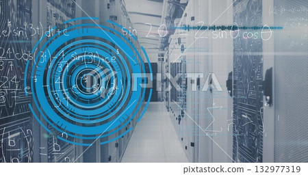 Showing data center aisle with server racks, perforated doors, cables and LEDs, HUD math overlays 132977319