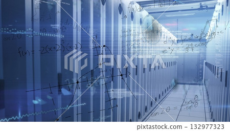 Illuminating data center corridor showing tall server racks and cable panels, with floating code Illuminating data center corridor showing tall server racks and cable panels, with floating code 132977323
